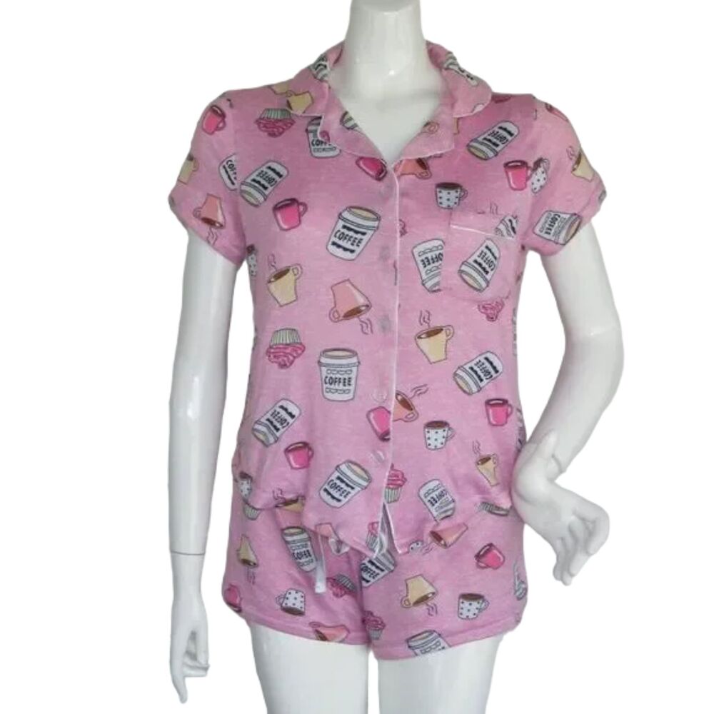 PJ COUTURE Pajama Set, Jr XL, Pink, Coffee/Hot drink/Muffin, 2 pcs, Top/Shorts